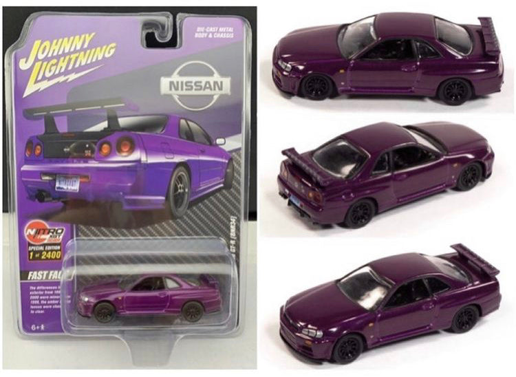 NISSAN SKYLINE GT-R BNR34 PURPLE NITROXGT 1/64 DIECAST JOHNNY