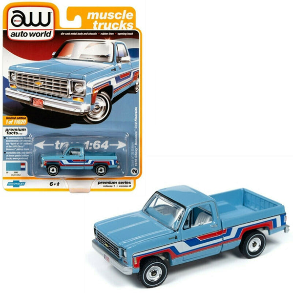 Auto World 1:64 1976 Skyline Blue Chevy Bonanza C10 Fleetside Pickup AWSP034B