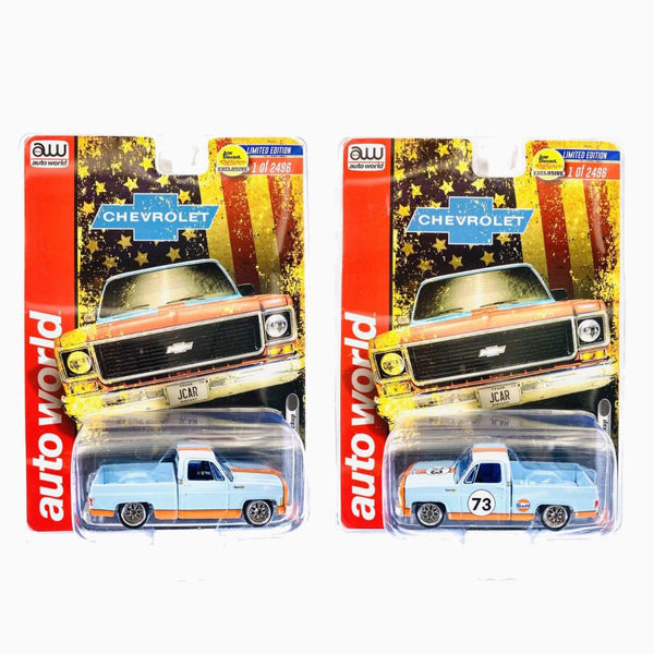 AUTO WORLD GULF 1973 CHEVROLET C10 PICKUP TRUCK JCAR DIECAST EXCLUSIVE PAIR