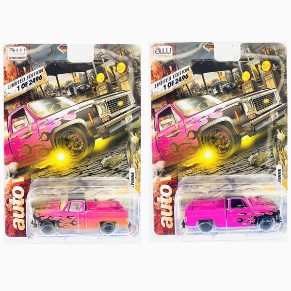 Auto World Exclusive 1976 C10 Pink W/Black Flames Both Clean and Dirty Version