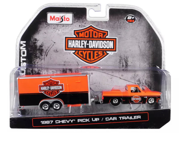 Maisto 1:64 Harley Davidson 1987 Chevrolet Pickup & Car Trailer Orange 15363 HD1